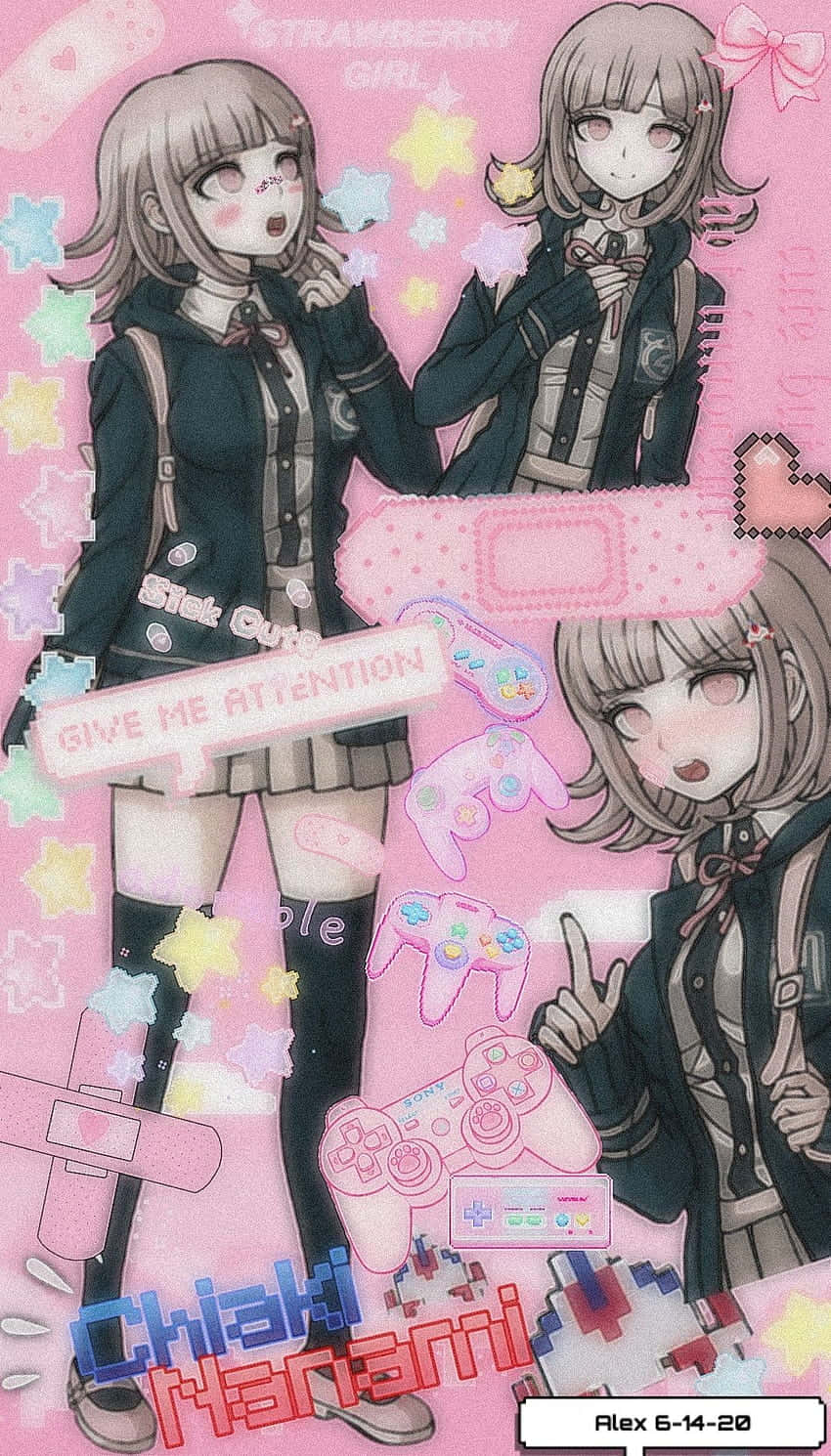 Aesthetic anime girl collage wallpaper for phone with a pink background - Danganronpa