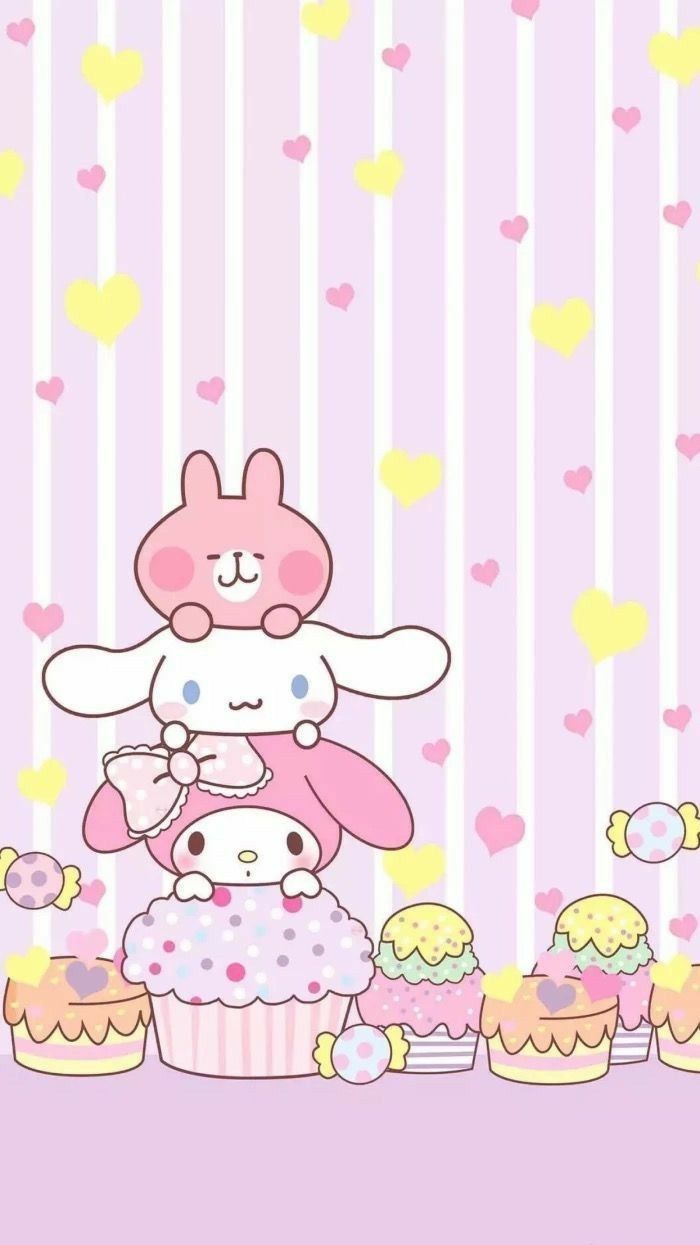 IPhone wallpaper of My Melody sitting on top of a cupcake with other cute characters - Cupcakes
