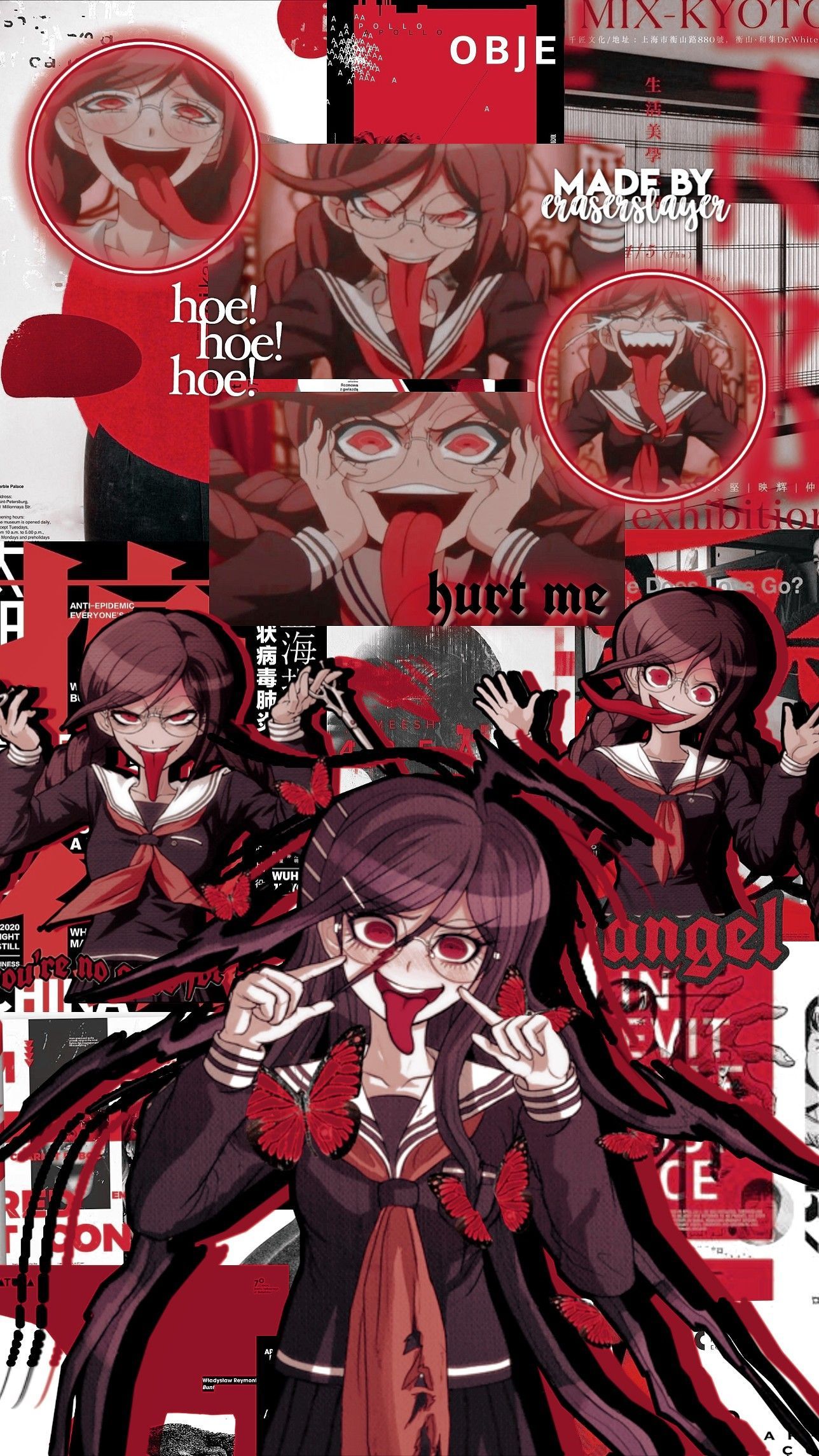 Aesthetic anime wallpaper for phone with a girl in a red and black school uniform - Danganronpa