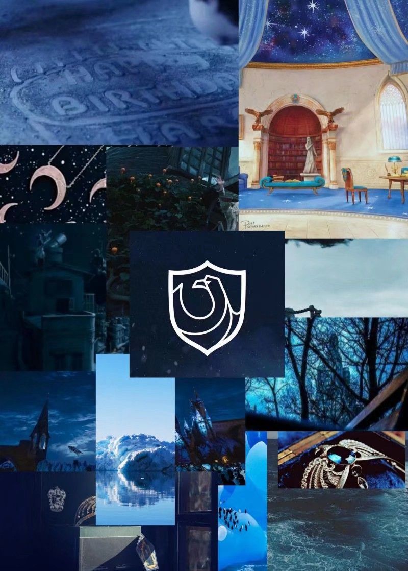 A collage of blue aesthetic images with a white shield logo in the middle - Ravenclaw