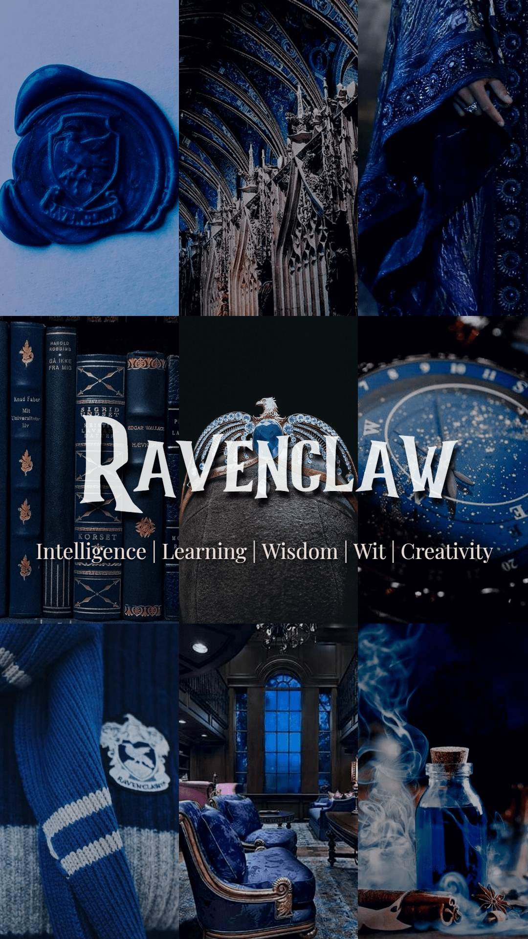 A collage of images representing the traits of the house of Ravenclaw. - Ravenclaw