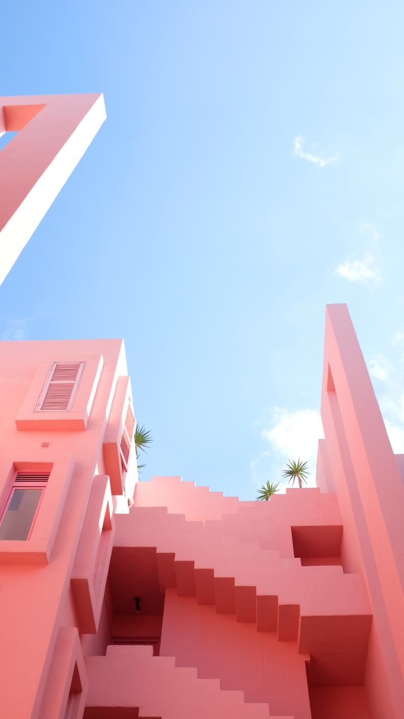 Aesthetic pink stairs with a blue sky background - Architecture