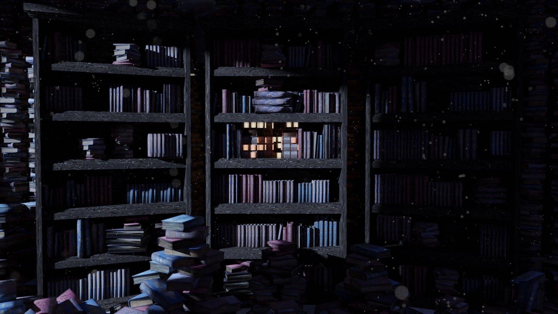 A dark room with bookshelves and a ladder - Bookshelf