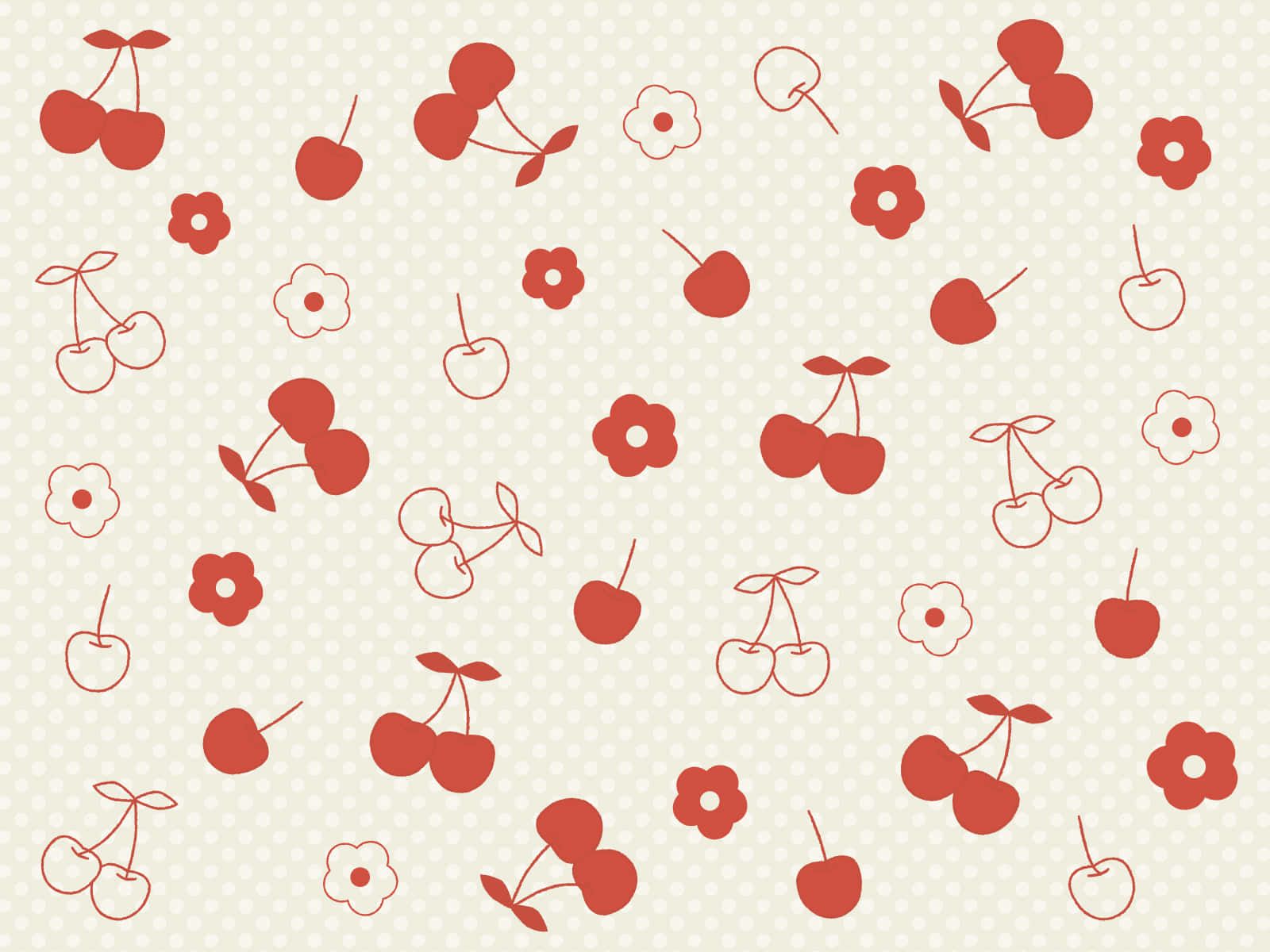 A pattern of red cherries and white flowers on a beige background - Cherry