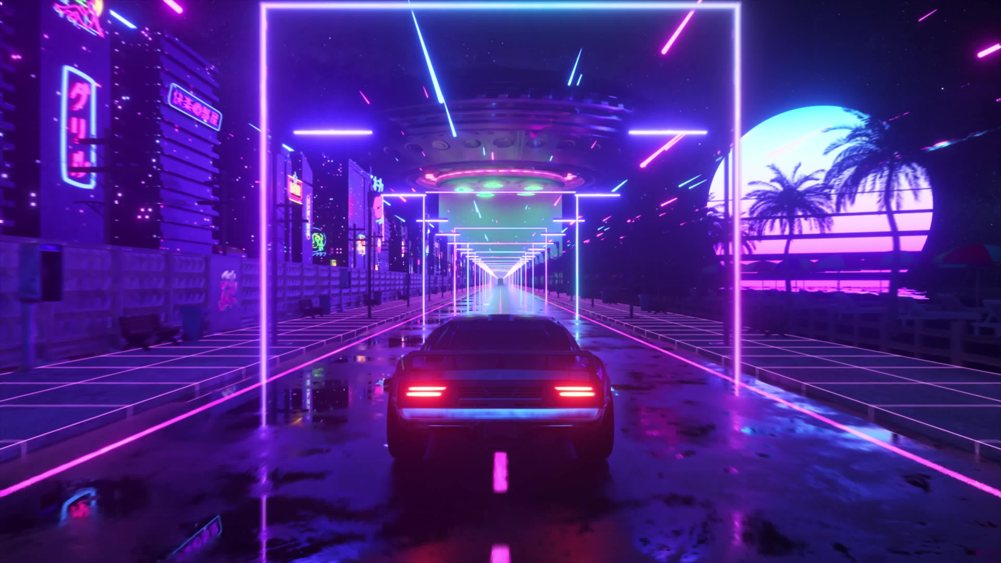 A car in a neon-lit city with palm trees in the distance - Cars