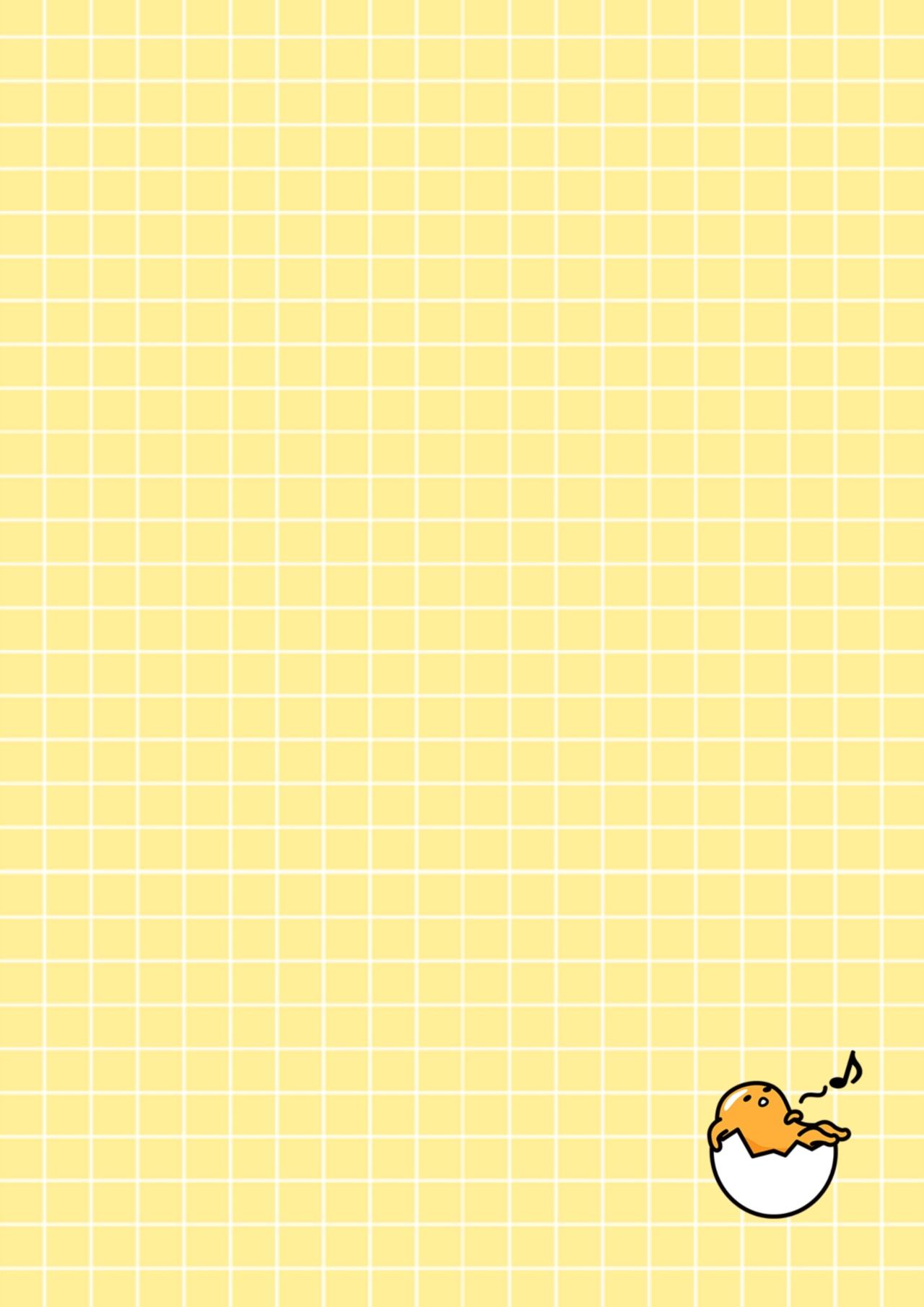 A yellow grid background with a cartoon of a chicken in a egg. - Gudetama