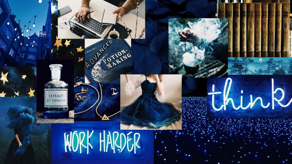 A collage of blue and black photos with the words 