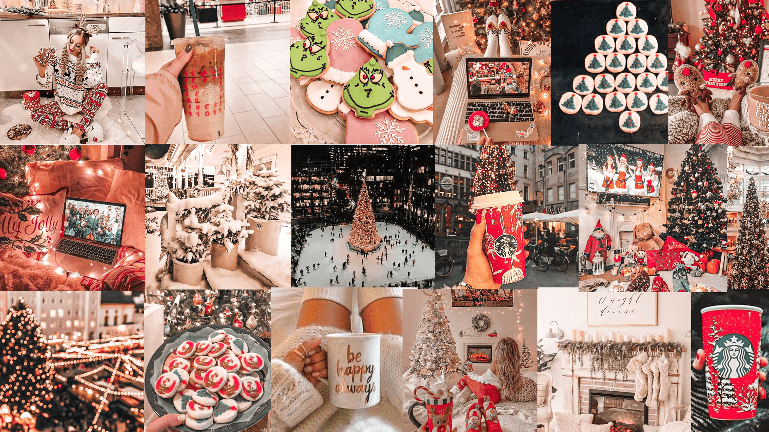 A collage of Christmas photos including gingerbread cookies, a fireplace, and a Starbucks cup. - IMac