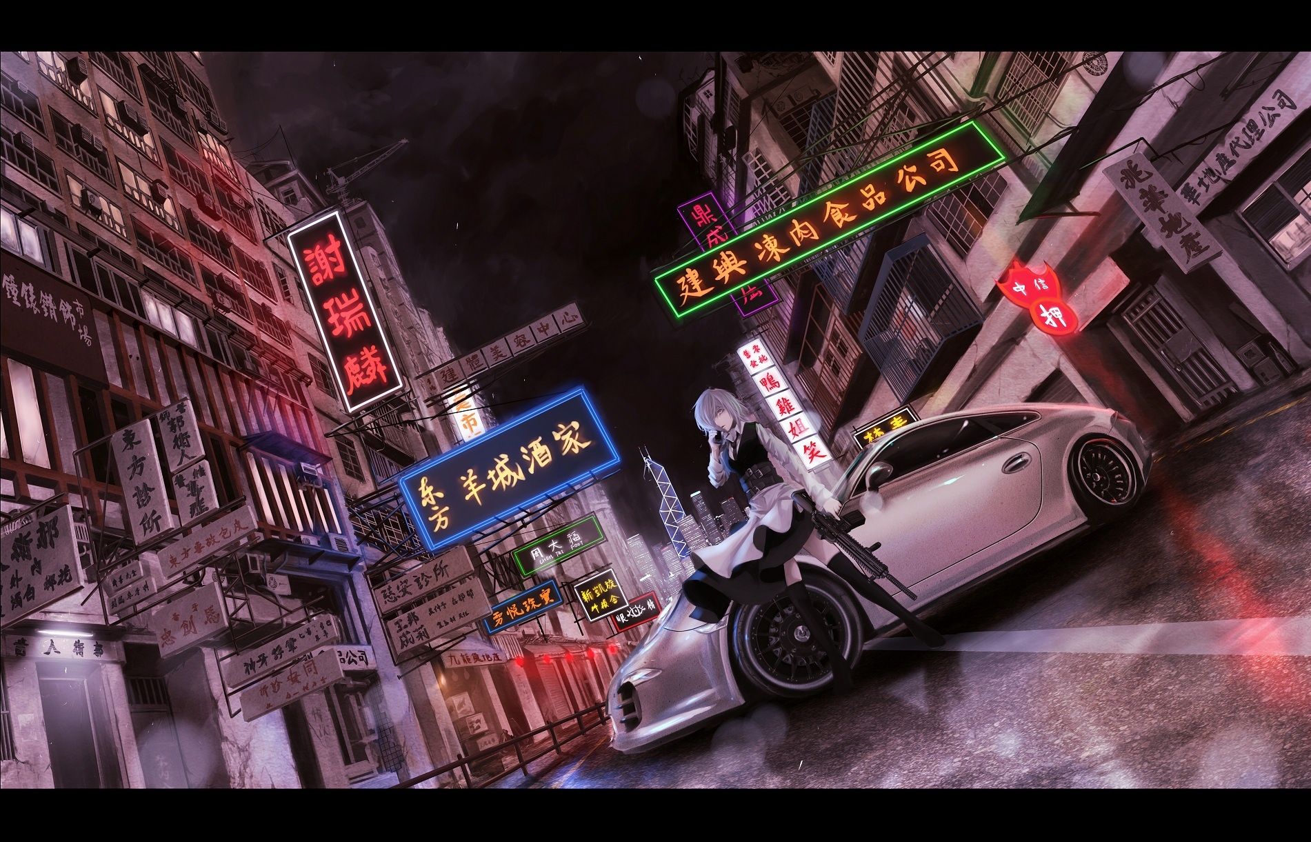 Anime girl standing on a sports car in a neon lit city - Cars