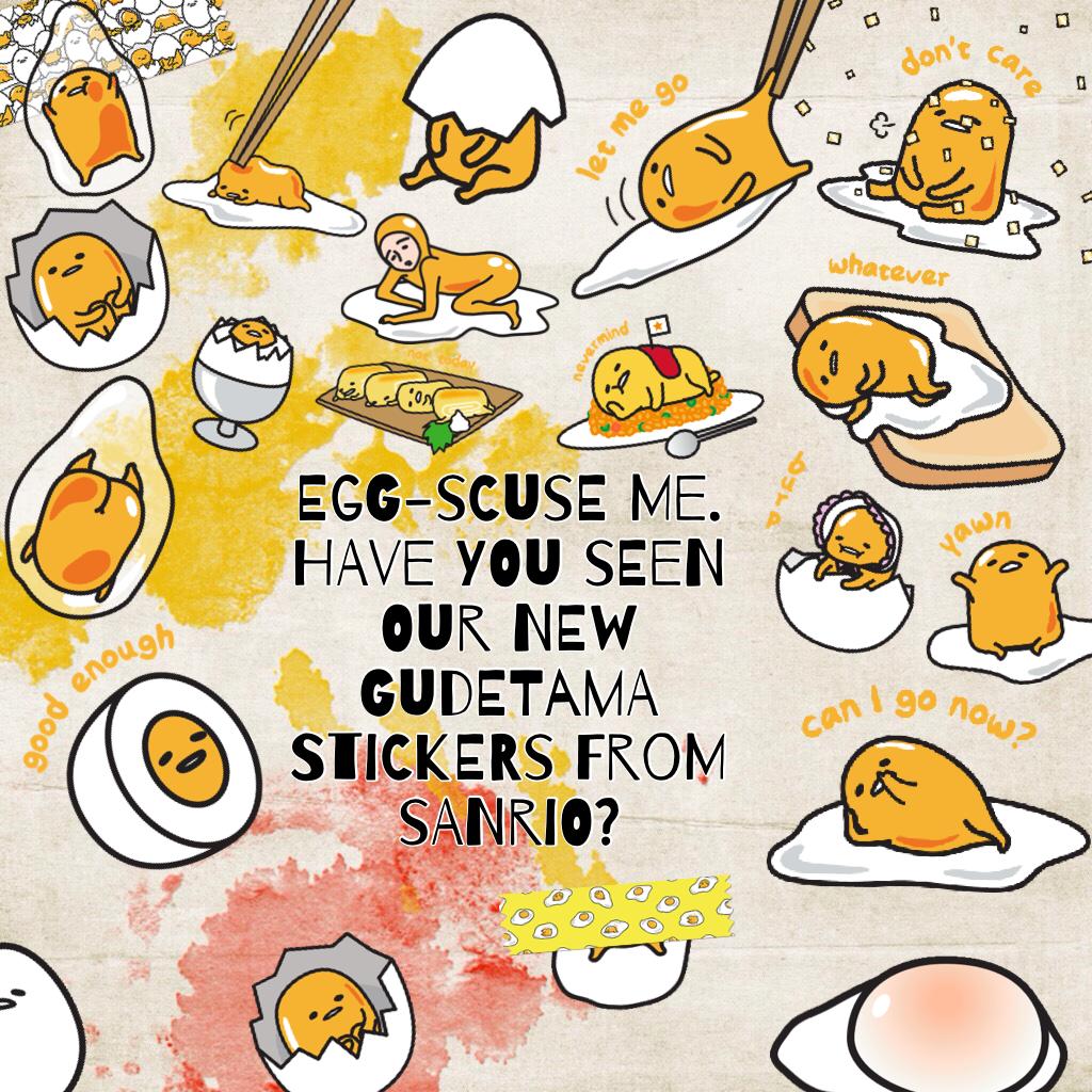 A graphic featuring various Gudetama stickers from Sanrio. - Gudetama