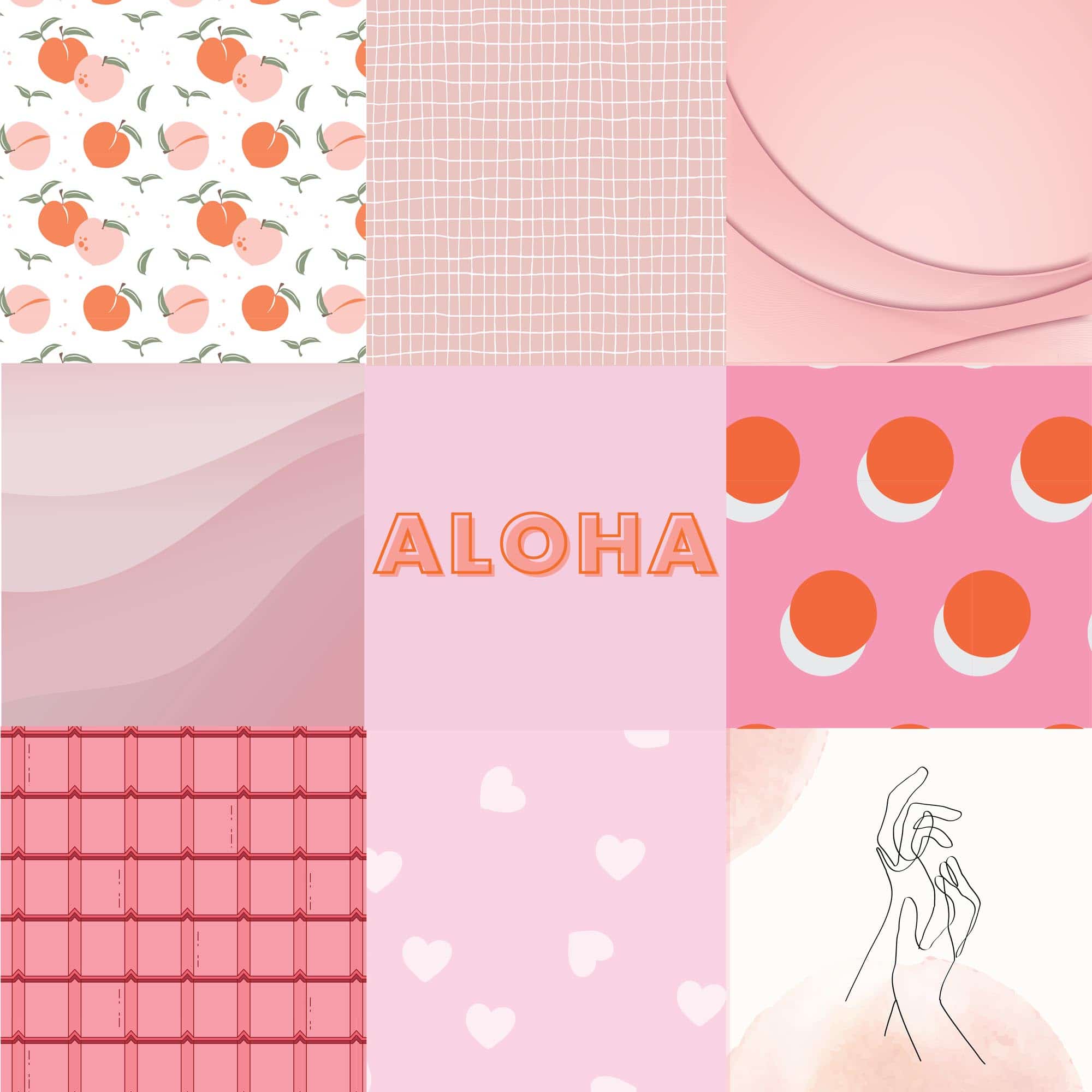 A collage of pink and orange images including peaches, hearts, and hands. - Pink collage