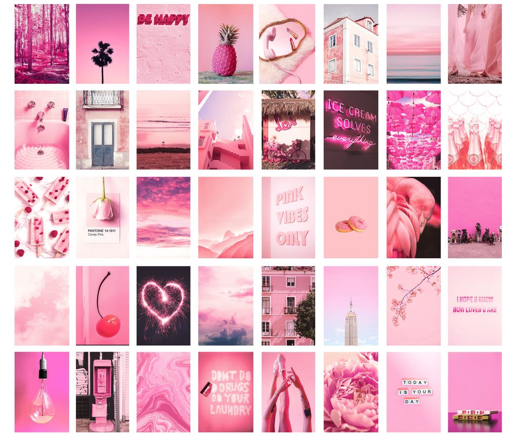 A collage of 49 photos in shades of pink, including pictures of flamingos, roses, and the Eiffel Tower. - Pink collage