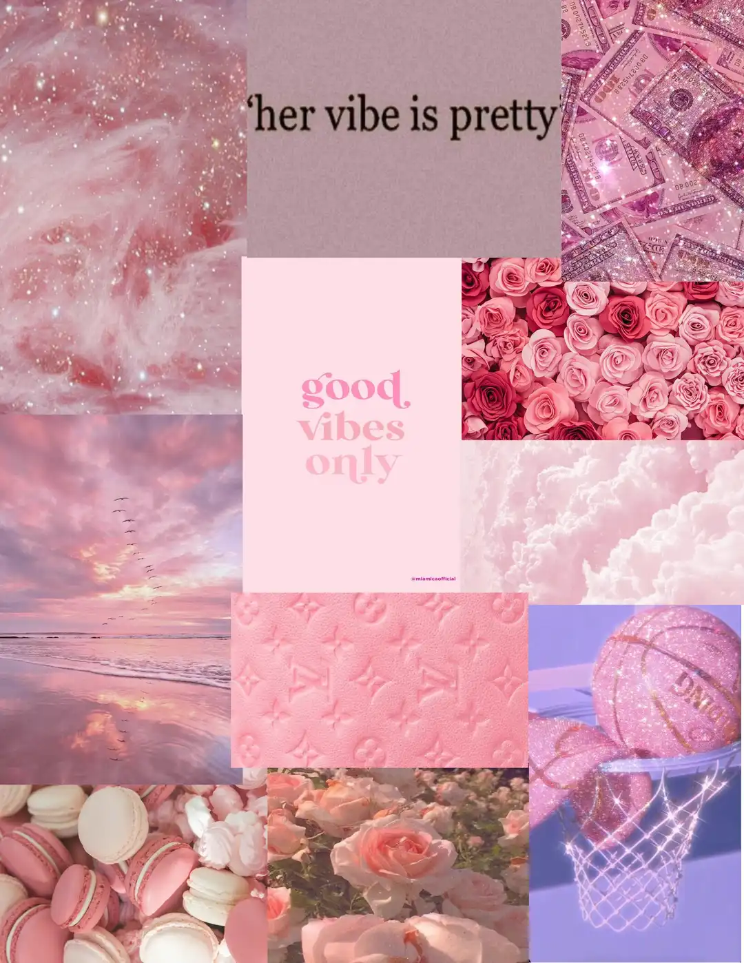 Aesthetic background with pink and purple images and the words 