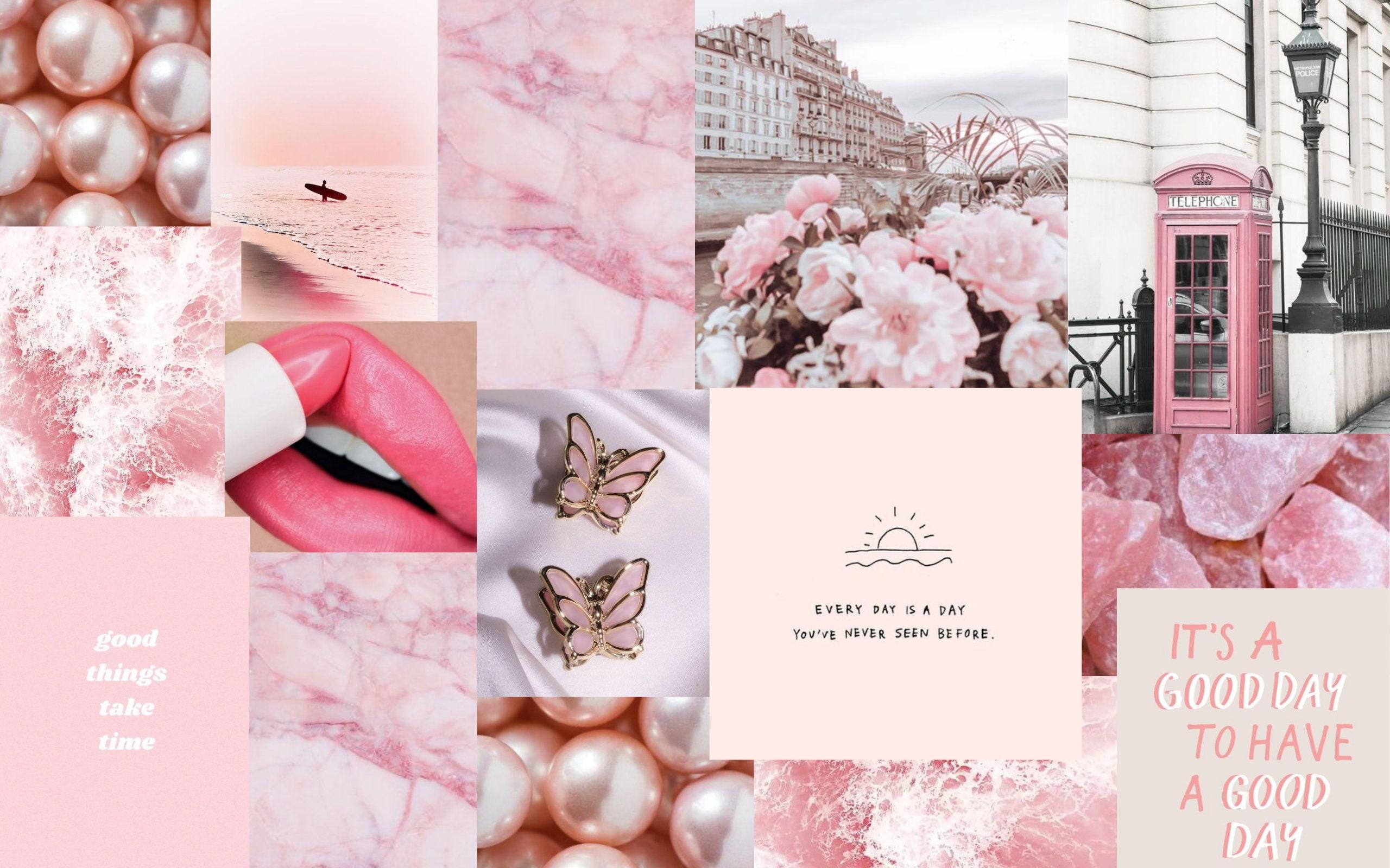 A collage of pink aesthetic pictures including flowers, lips, and pearls. - Pink collage