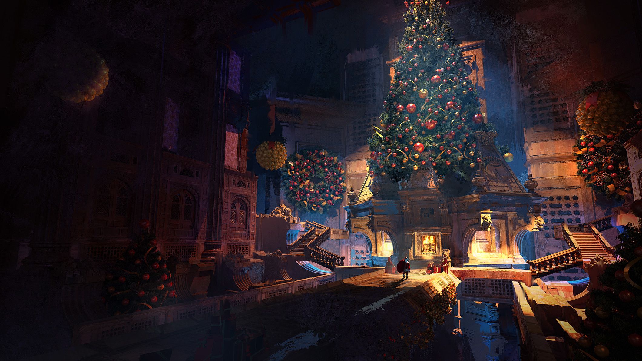A digital painting of a large Christmas tree in a dark, ornate room. - Christmas lights