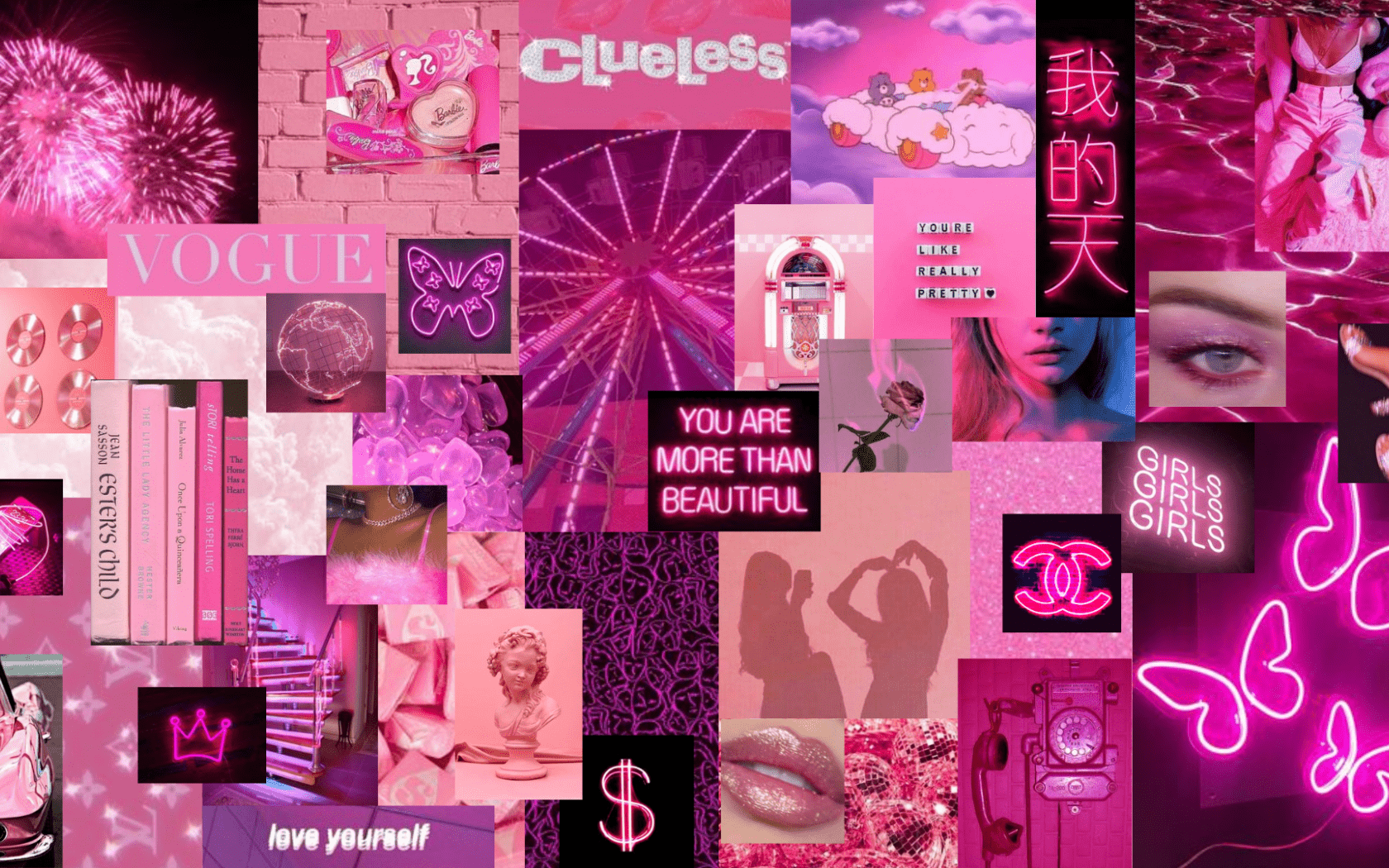A collage of pink aesthetic images including neon signs, vogue images, and lips. - Pink collage