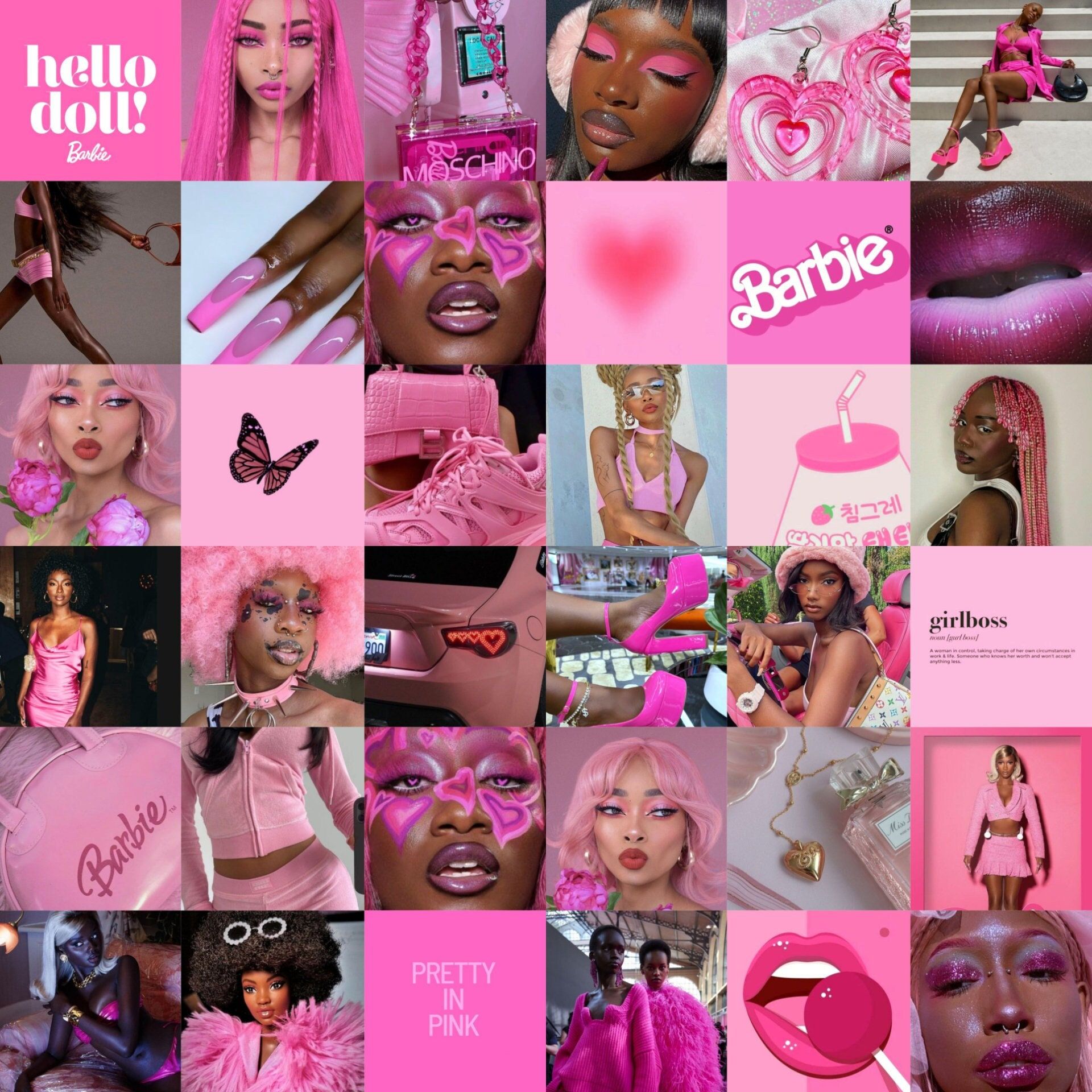 A collage of pink aesthetic images including Barbies, lips, and hair. - Pink collage, cute pink