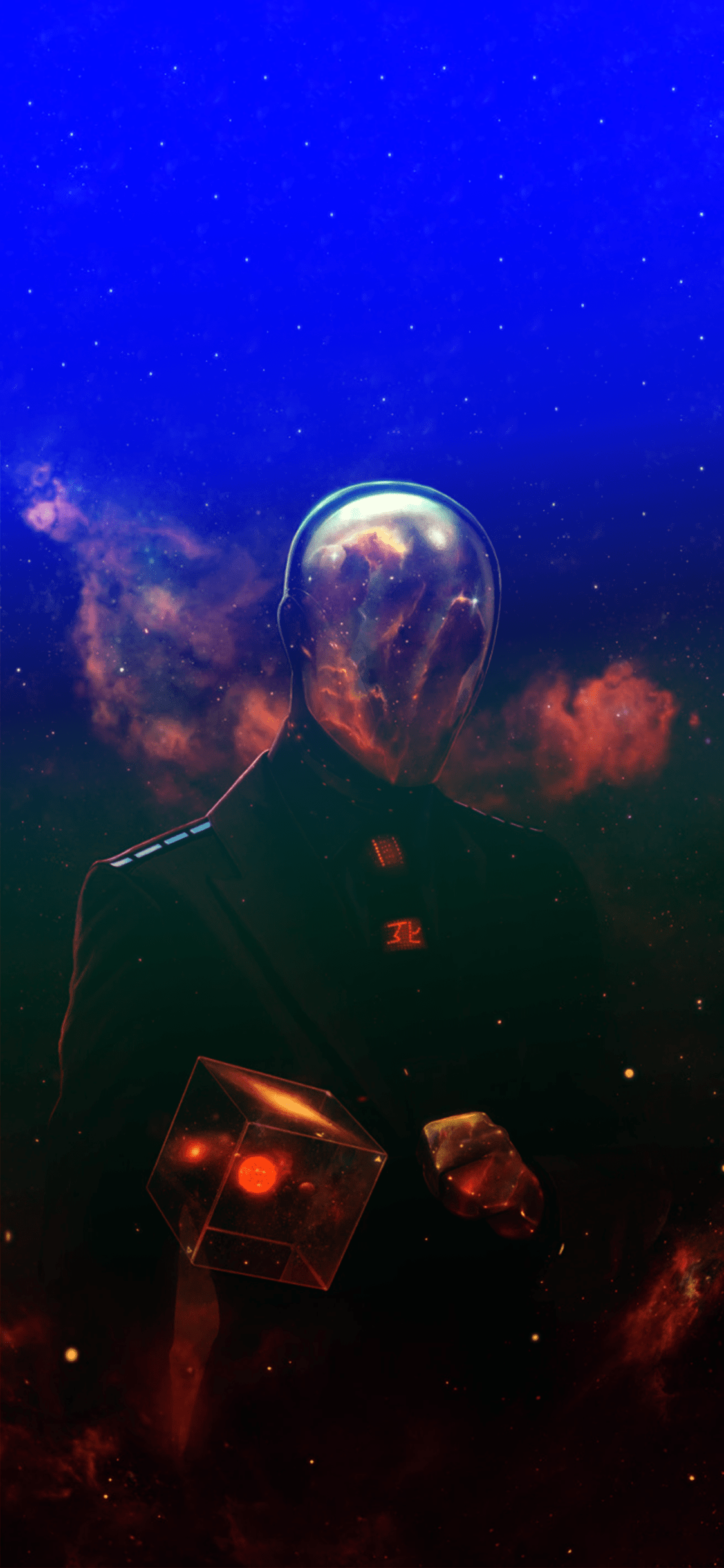A person with a helmet and a box, standing in space with clouds - Space, cool