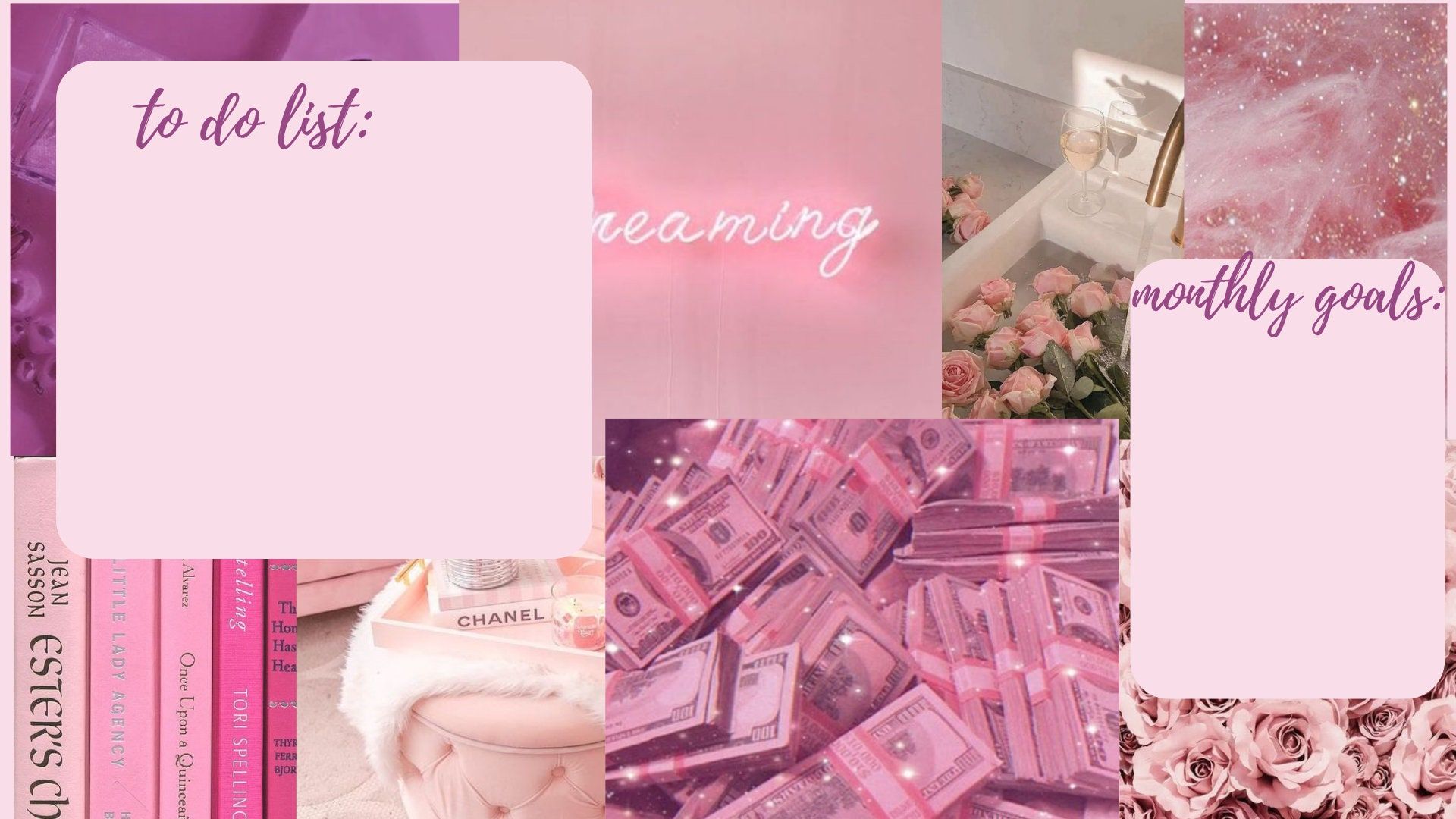 Aesthetic collage background pink and purple with text reading 