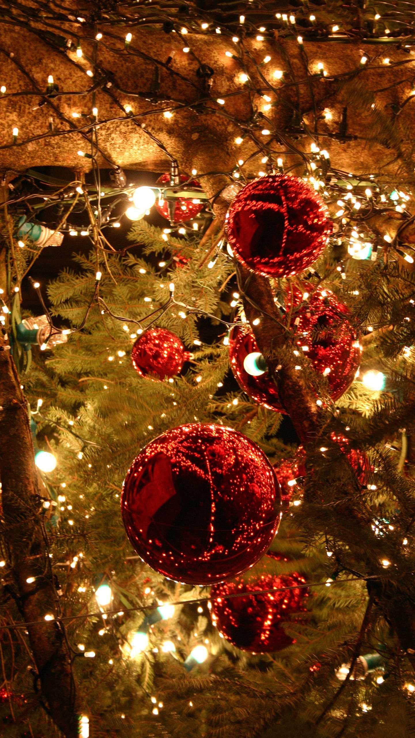 A close up of a Christmas tree with red ornaments and white lights. - Christmas lights