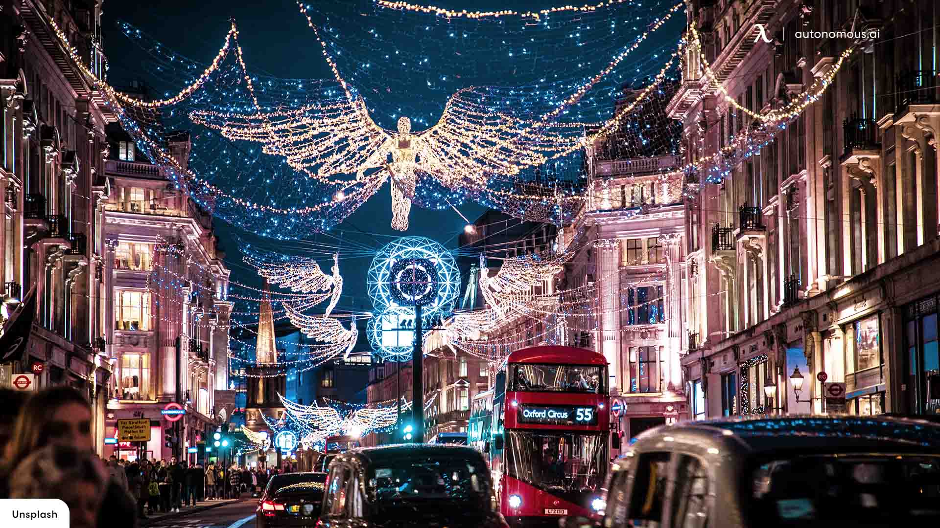 Christmas lights in London with buses and cars on the street - Christmas lights