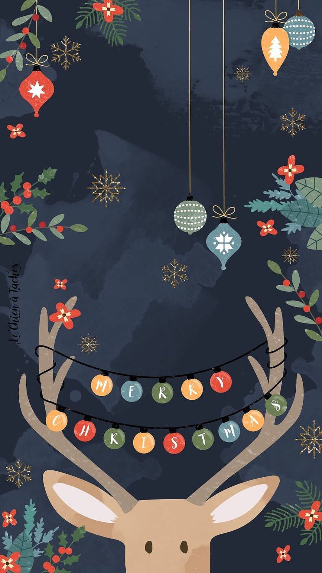 A cute Christmas wallpaper featuring a reindeer and Christmas decorations - Christmas lights