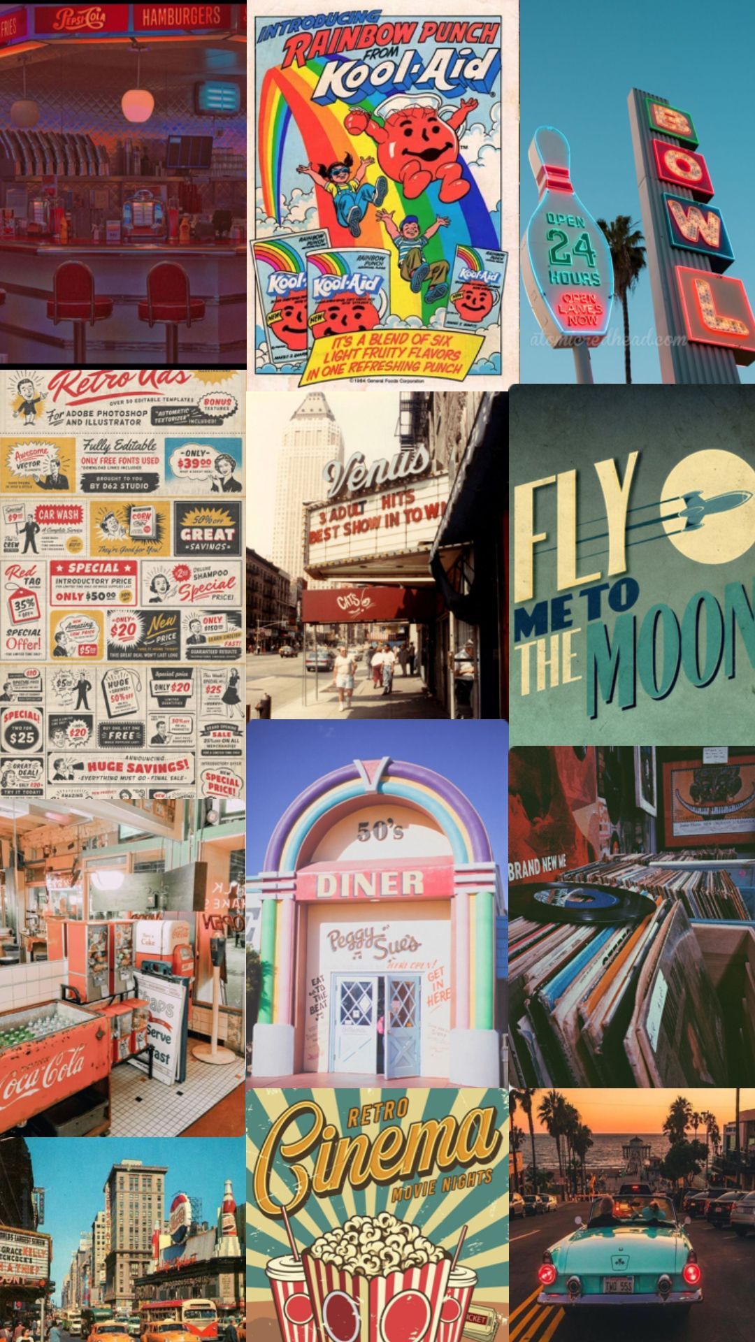 Collage of 1950s themed images including vintage signs, a diner, a cinema, and a retro phone. - Retro