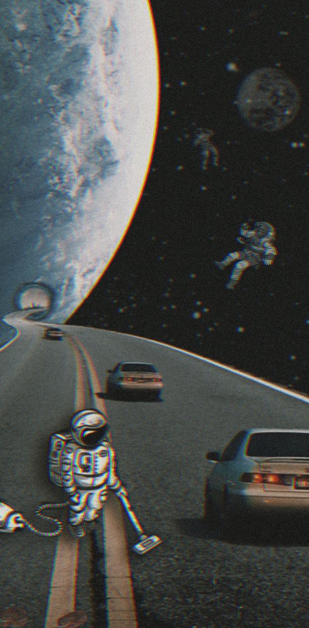 Astronaut walking on the road with cars passing by - Space