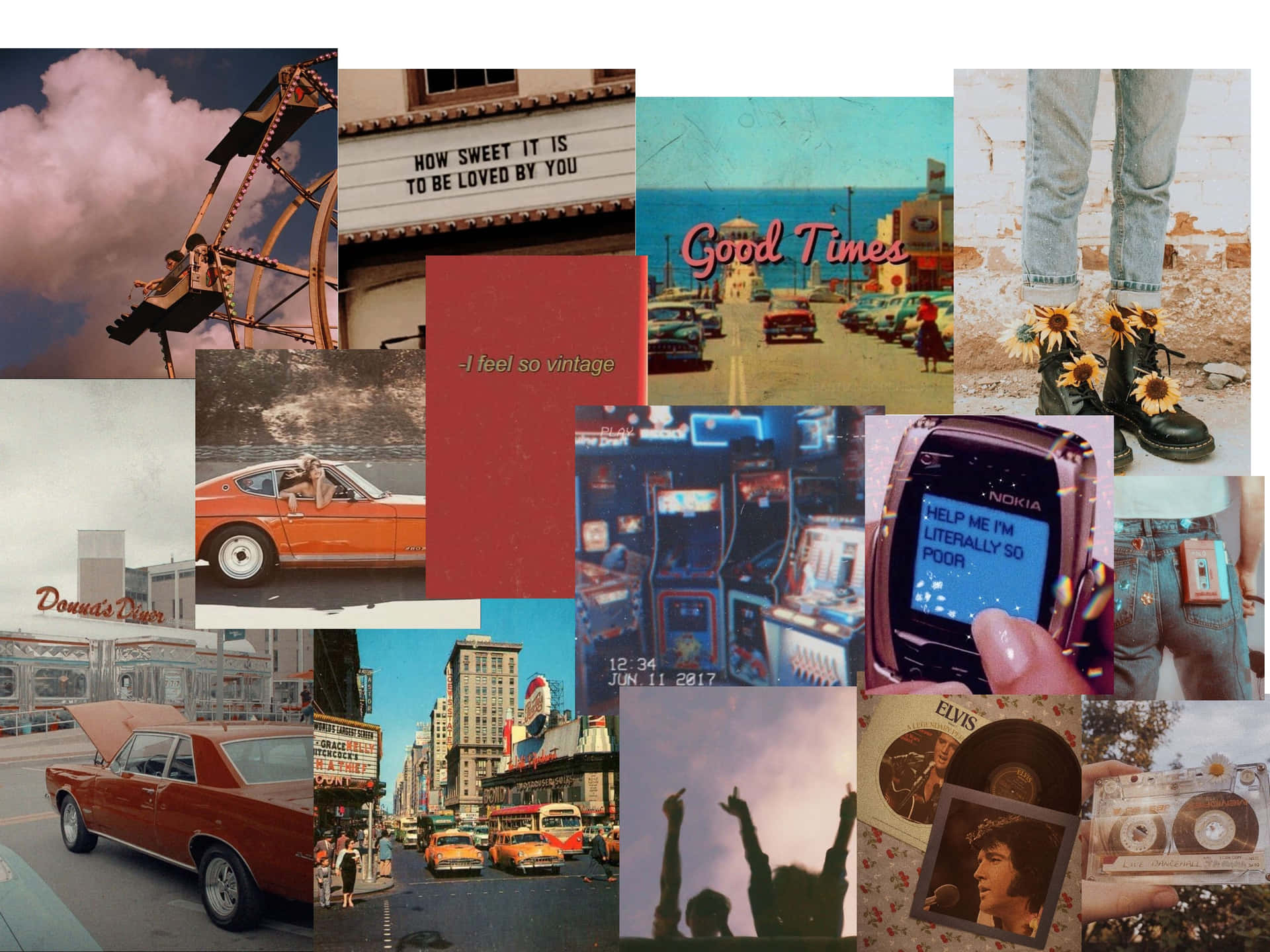 Collage of retro pictures with vintage cars, a movie theater, and sunflowers. - Retro