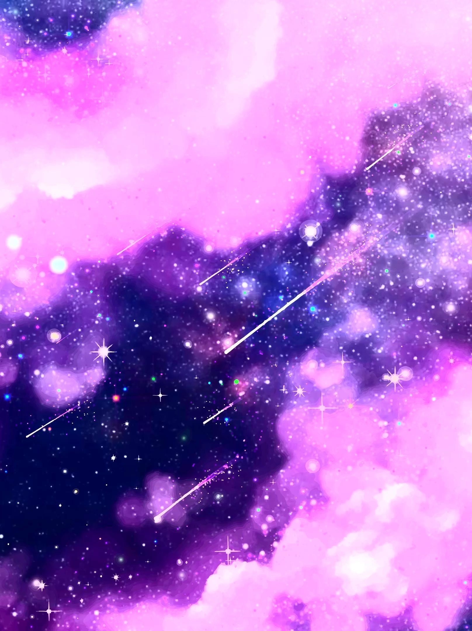 A purple and pink galaxy with shooting stars - Space, galaxy
