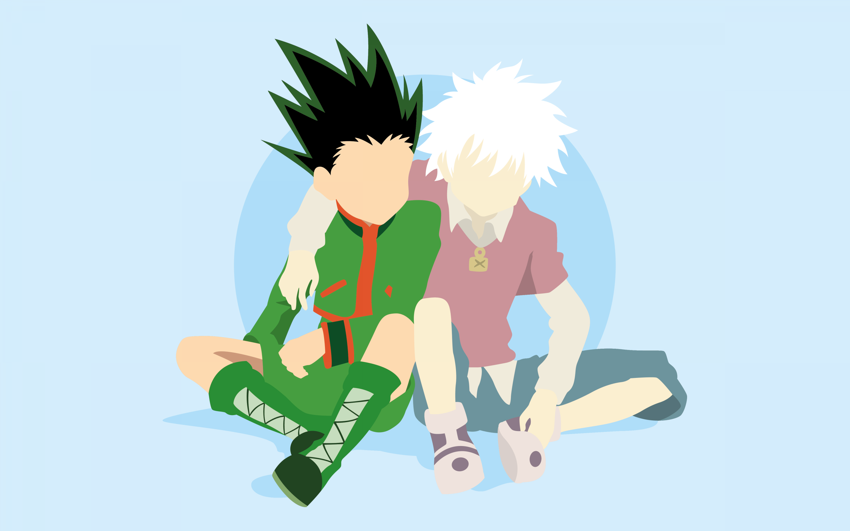 Gon and Killua, the two main characters of Hunter x Hunter, sit on the ground in a minimalist style. - Killua