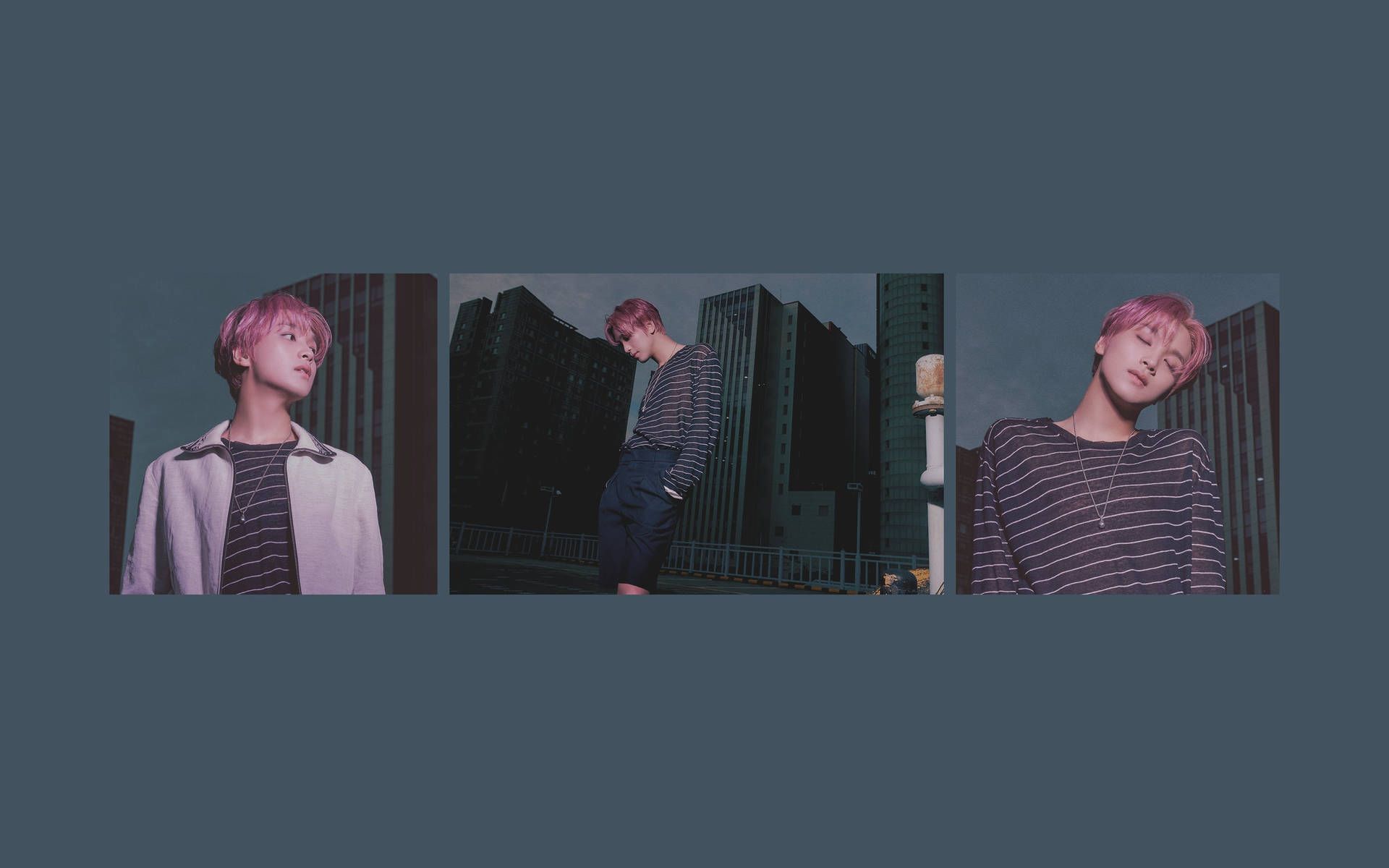 A triptych of a pink-haired man in a striped shirt, standing in front of a cityscape. - NCT