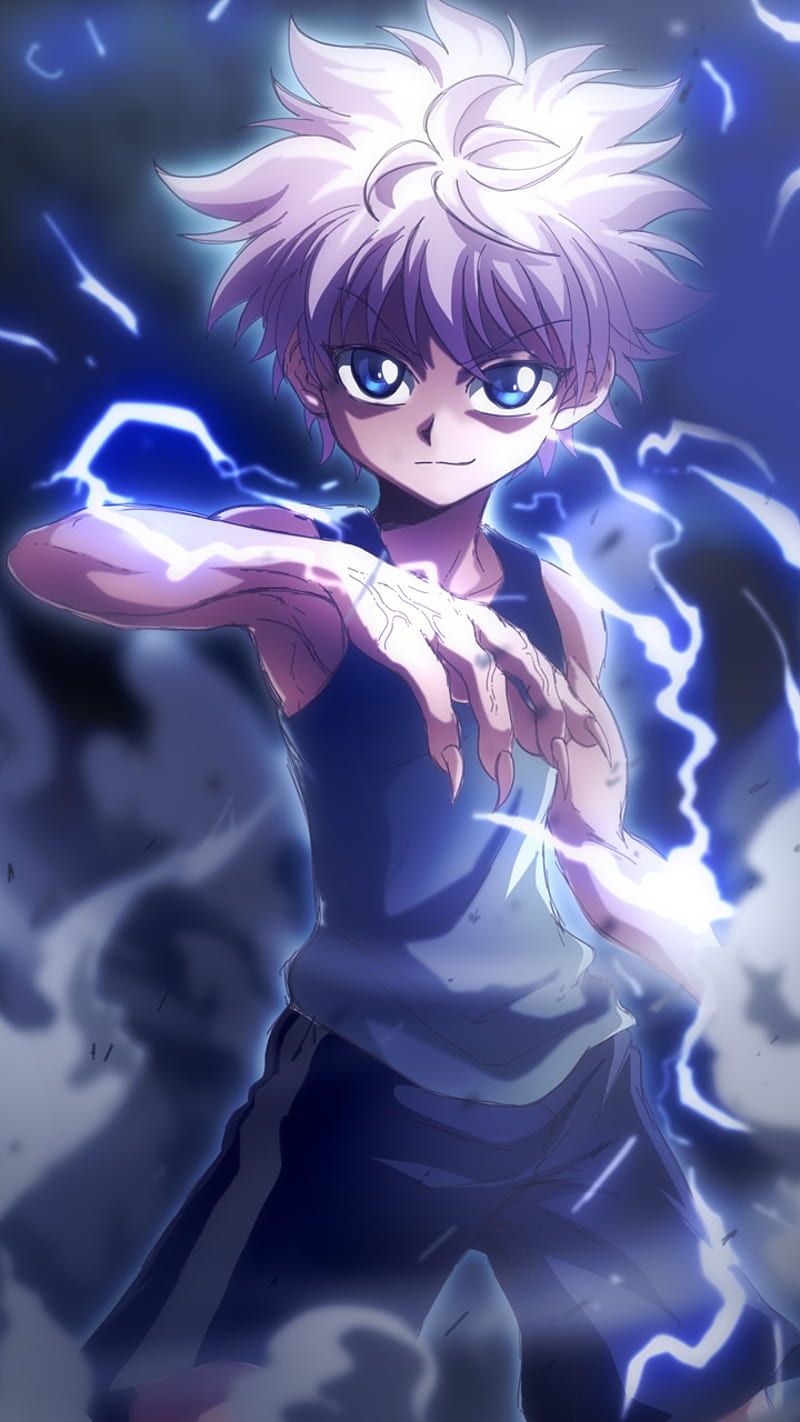 Killua Zoldyck, a young boy with purple hair and lightning powers, stands in front of a dark sky - Killua