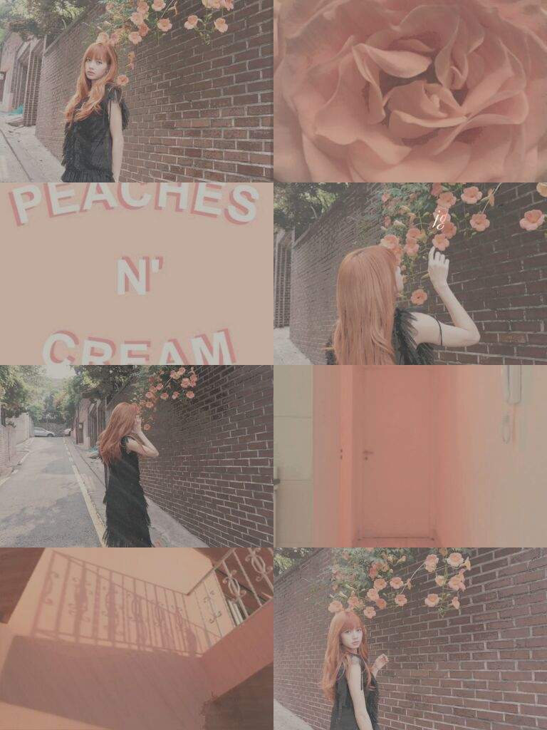 Collage of a red head girl in a black dress with the words peaches n cream - BLACKPINK