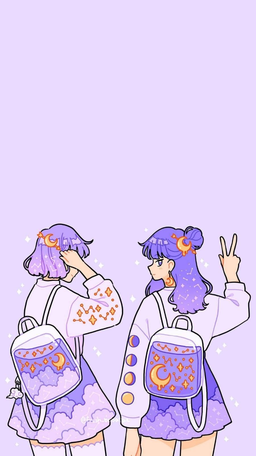 Two cute girls in purple and pink outfits with backpacks - Kawaii