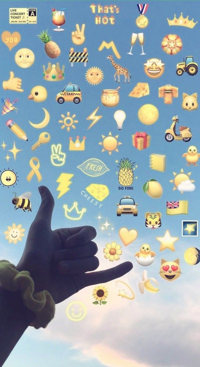 A hand pointing at emoji wallpaper on a blue sky background - Emoji