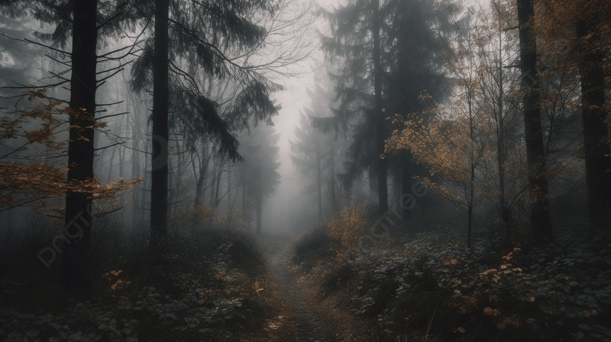 A foggy forest with trees and a path - Foggy forest