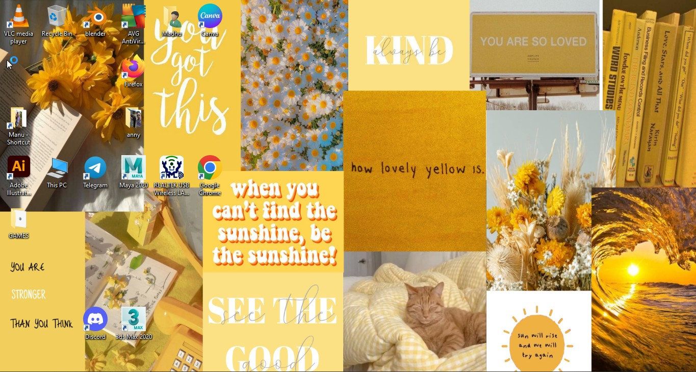 A collage of pictures including daisies, books, a sleeping cat and the words 'see the good' - Pastel yellow