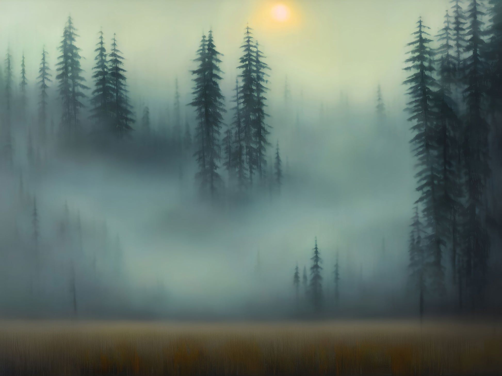 A painting of a misty forest with a yellow sun in the upper right hand corner. - Foggy forest