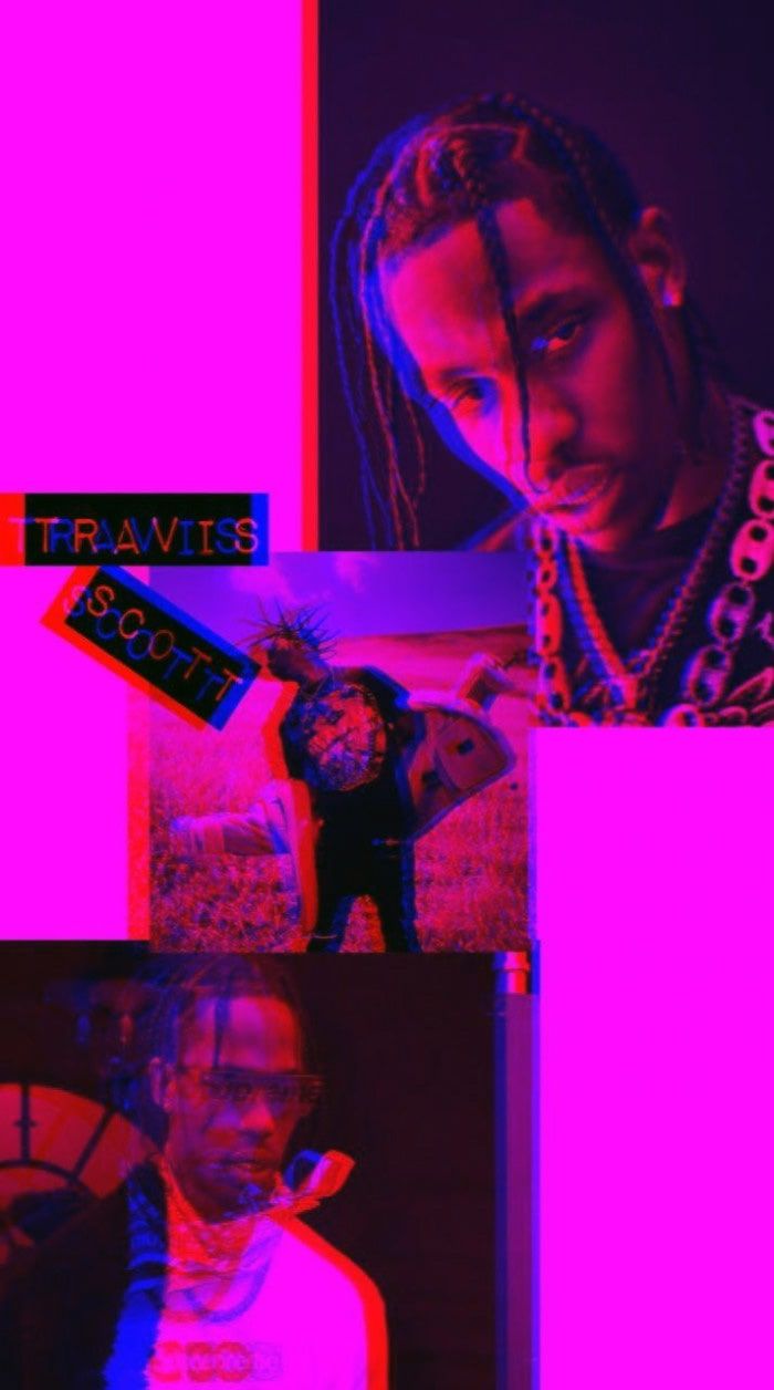 A collage of pictures of travis scott, neon aesthetic wallpaper, purple and pink background - Travis Scott