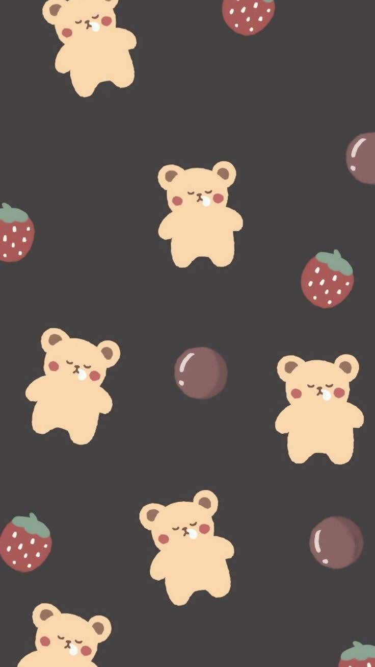 A pattern of bears and strawberries on black background - Kawaii, teddy bear