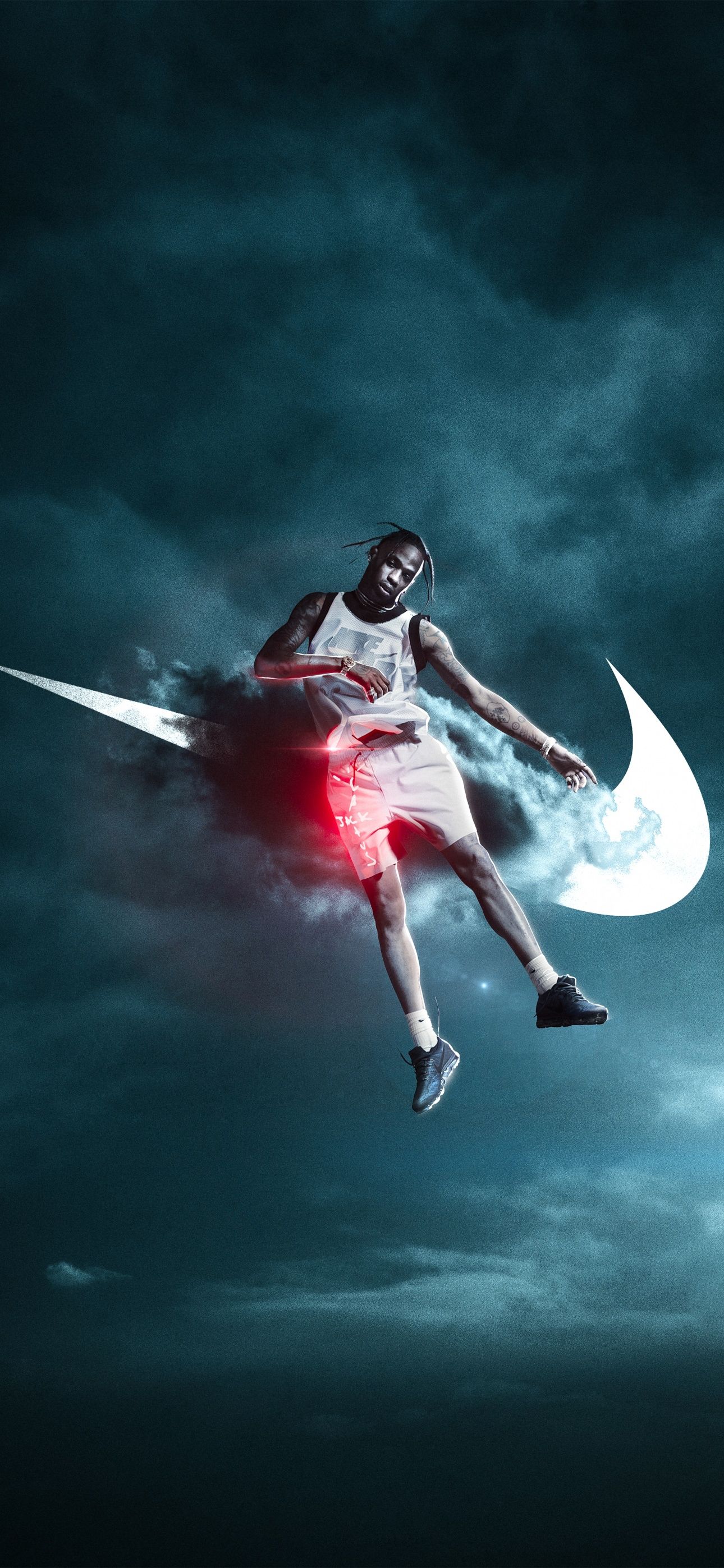 IPhone wallpaper of a basketball player in the air, jumping and holding a ball, wearing a white jersey and black shoes, with a huge Nike logo in the background. - Travis Scott
