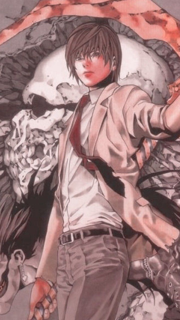 A man with a red tie and a white shirt standing in front of a white skull with wings. - Death Note