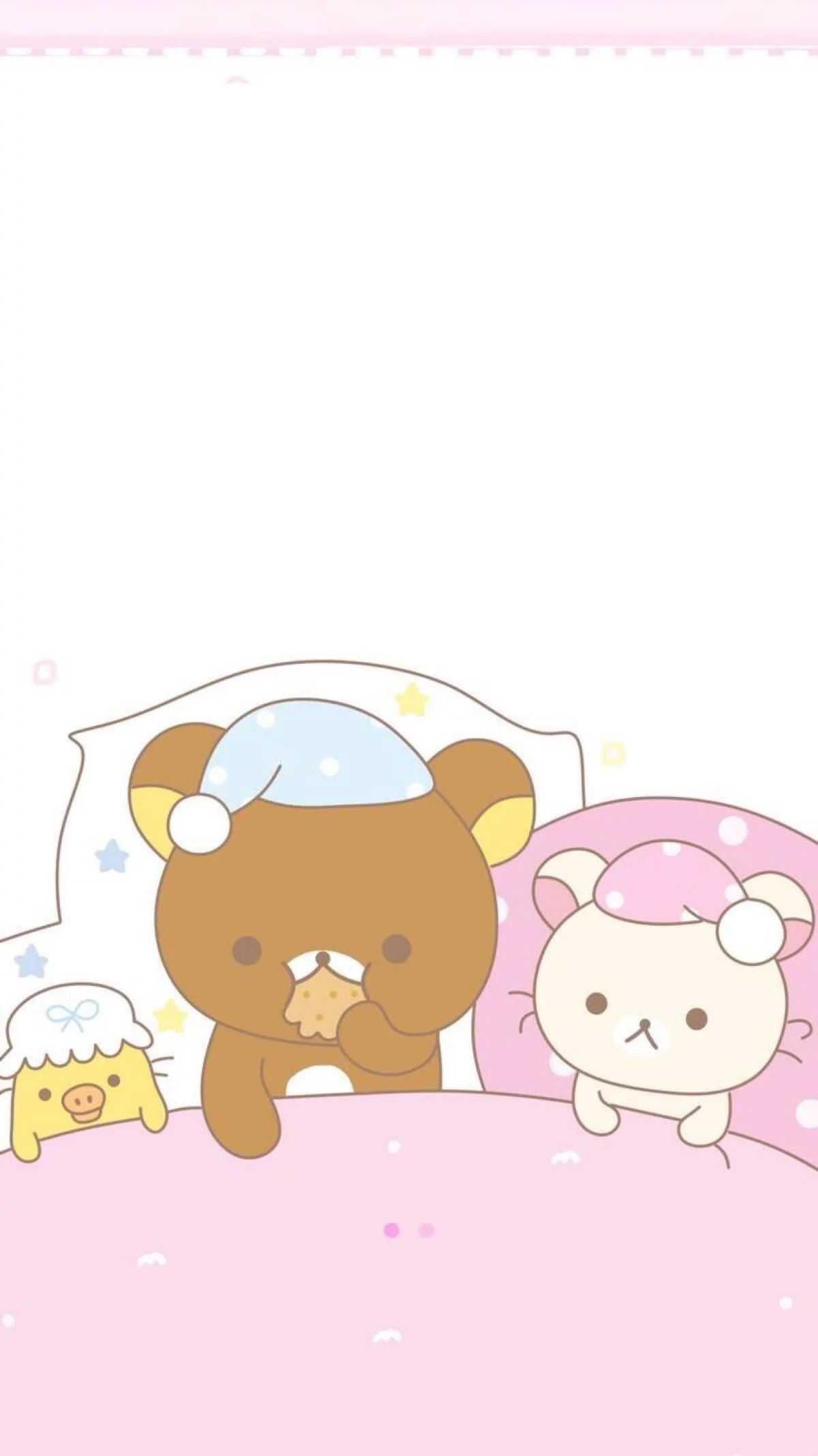 A cute cartoon bear and cat are in bed - Kawaii