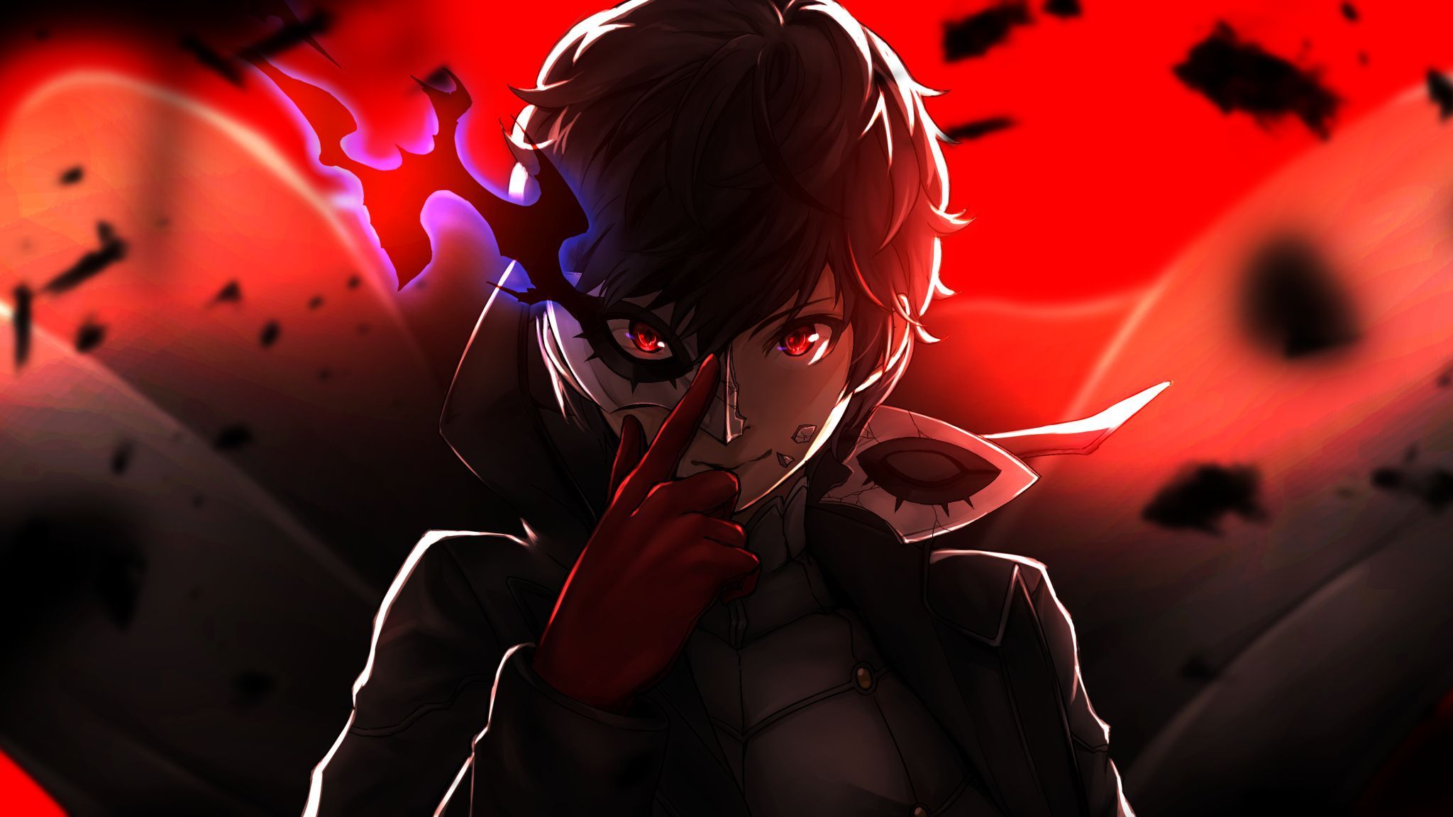 Joker from Persona 5 in a red and black suit with a red eye - 2048x1152