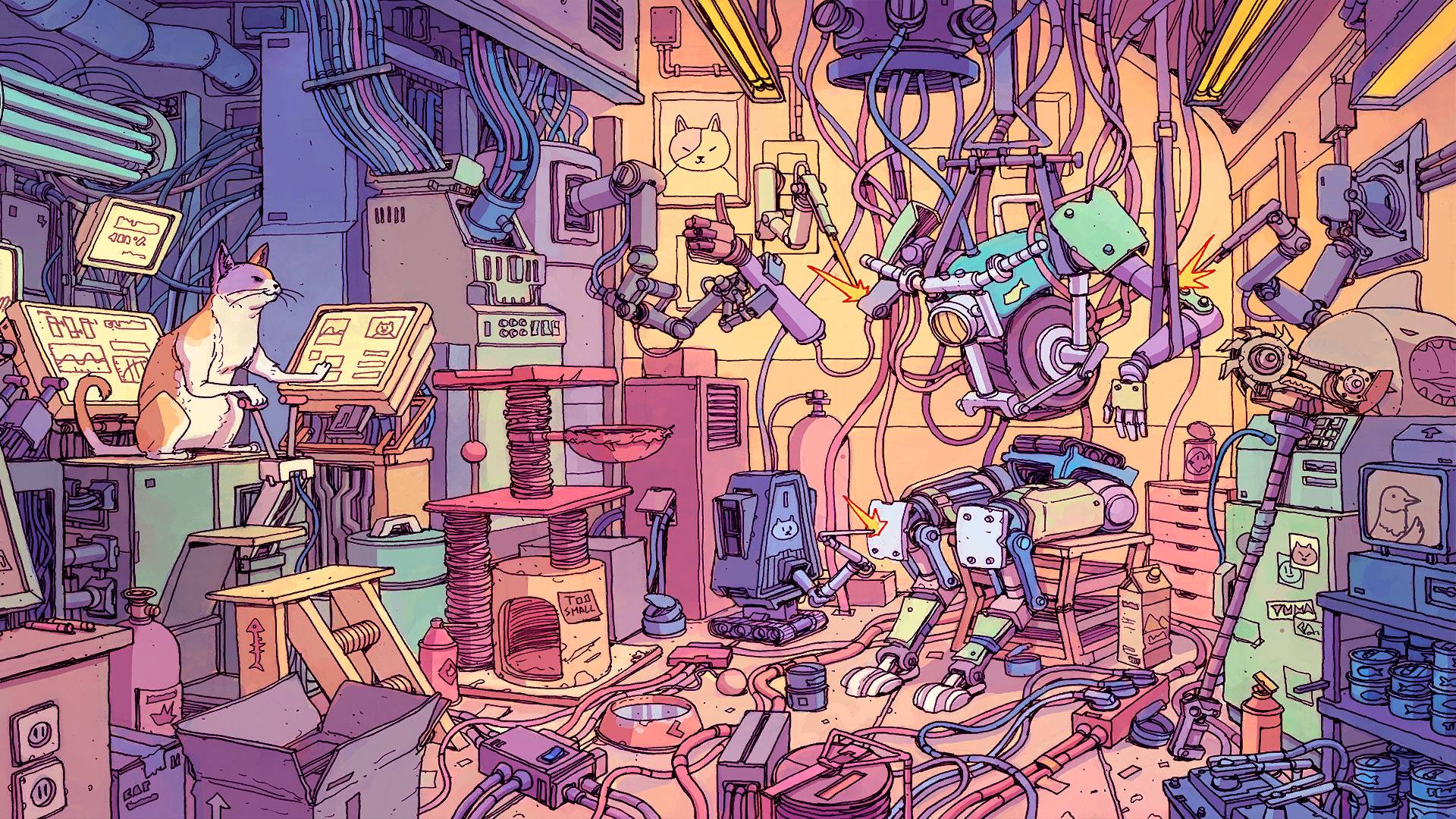 A colorful illustration of a workshop filled with various machines and wires. - Fortnite