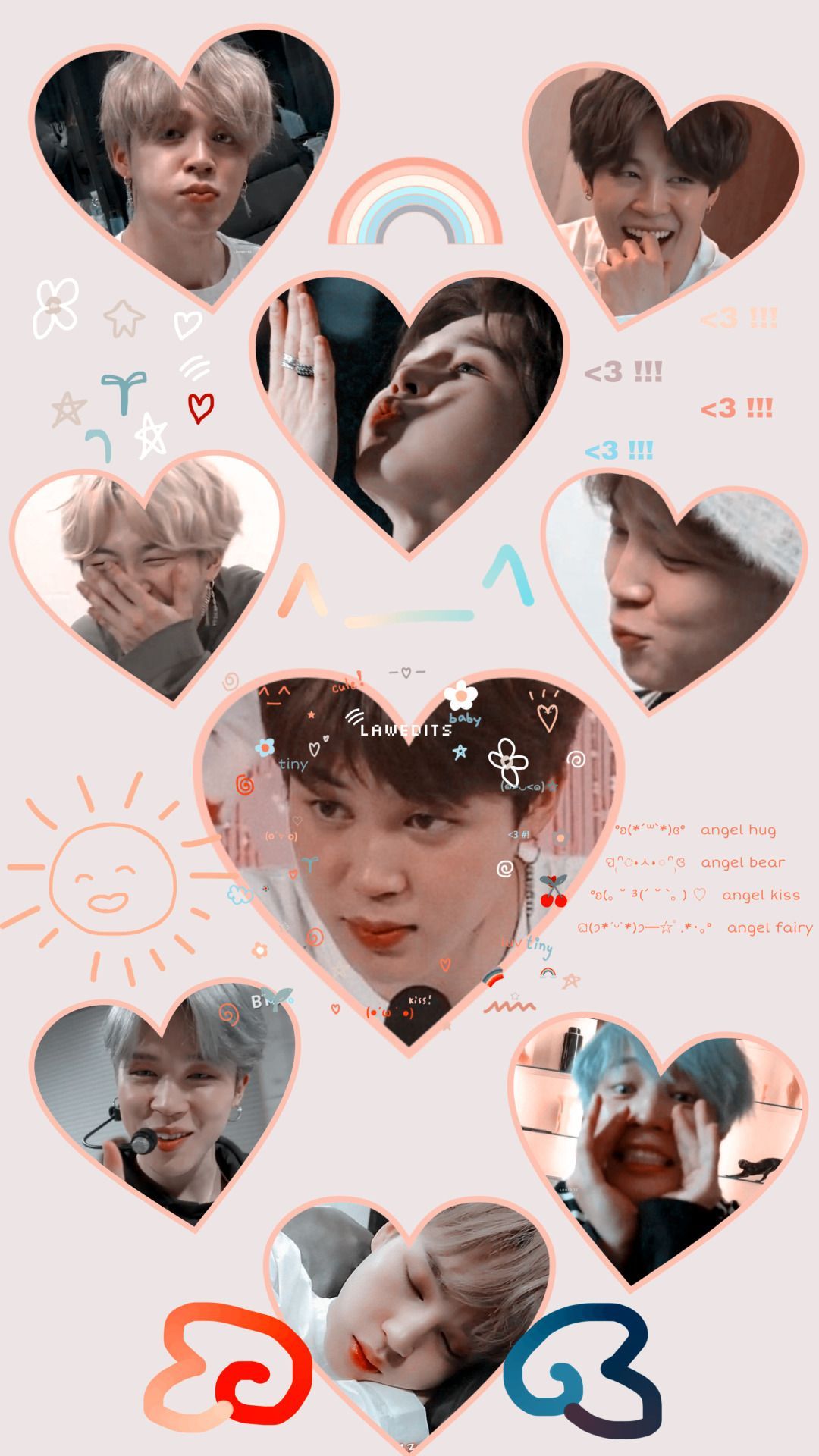 Aesthetic BTS wallpaper with different pictures of the members of BTS in the shape of hearts - Jimin