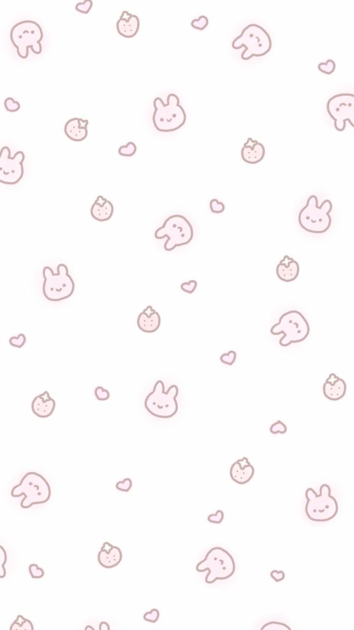 Pink and white wallpaper, with drawings of rabbits, hearts and clouds, in the shape of ghosts - Kawaii