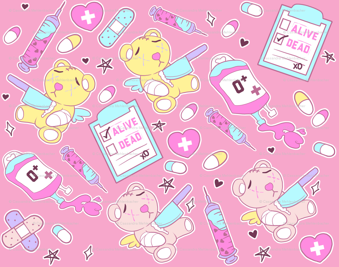 Cute kawaii pink background with teddy bears, syringes, and other medical items - Kawaii