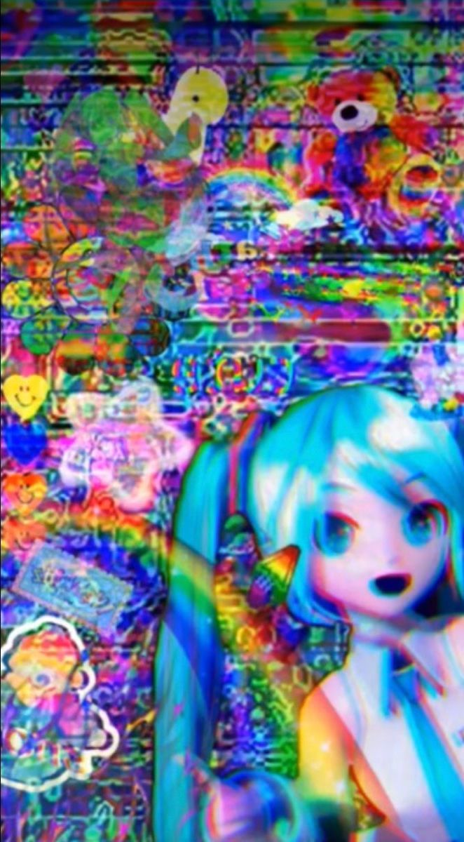 A digital artwork of a blue-haired anime character standing in front of a colorful, abstract background. - Weirdcore